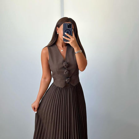 Sarine Luxe Vest Suit With Skirt In Brown - front mirror selfie shot on model - Miss Mosa By Akanksha