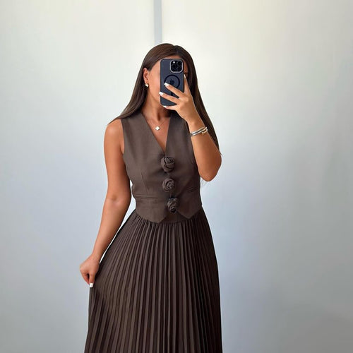 Sarine Luxe Vest Suit With Skirt In Brown