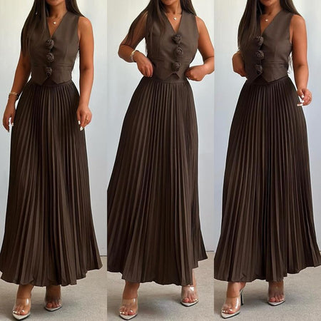 Sarine Luxe Vest Suit With Skirt In Brown - three full-length shots on model - Miss Mosa By Akanksha