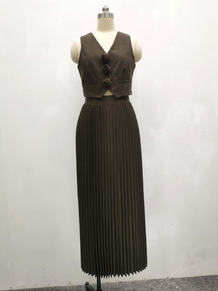 Sarine Luxe Vest Suit With Skirt In Brown - front flat-lay product shot on mannequin - Miss Mosa By Akanksha