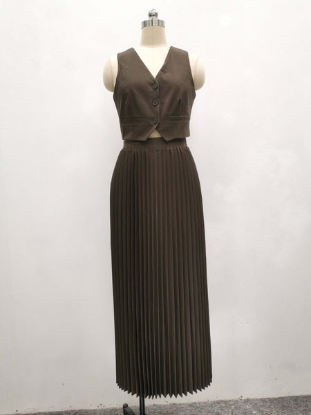 Sarine Luxe Vest Suit With Skirt In Brown - front flat-lay product shot on mannequin - Miss Mosa By Akanksha