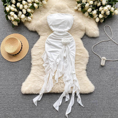 Sas bodycon rosette dress in white - styled flat-lay shot, white - Miss Mosa By Akanksha