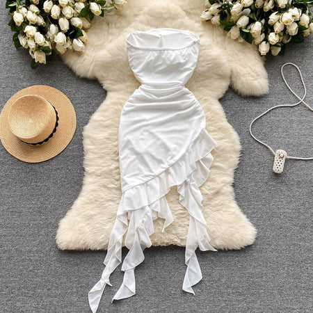 Sas bodycon rosette dress in white - styled flat-lay shot, white - Miss Mosa By Akanksha