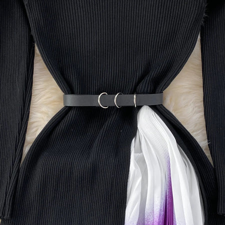 Sasha Pleated Woolen Dress - close-up of belt detail, black - Miss Mosa By Akanksha