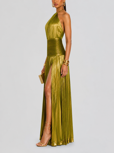 Saskia Backless Slit Maxi Dress - side shot, olive green metallic - Miss Mosa By Akanksha