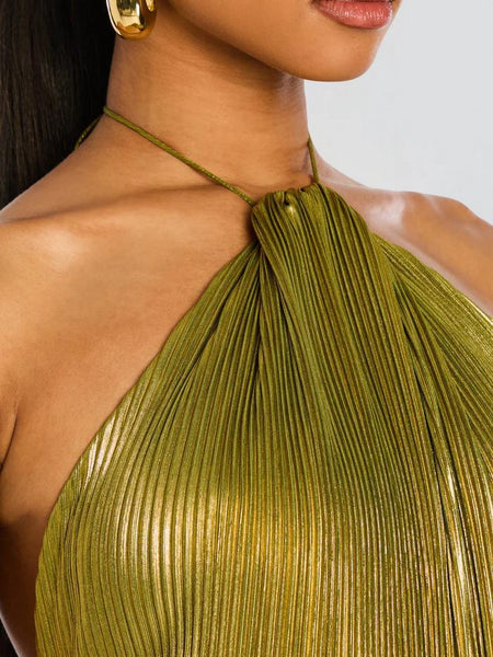 Saskia Backless Slit Maxi Dress - close-up detail shot, olive green metallic - Miss Mosa By Akanksha
