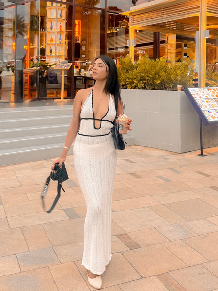 Sassa Luxe Knit Soft Dress In White - full-length front shot on model outdoors - Miss Mosa By Akanksha