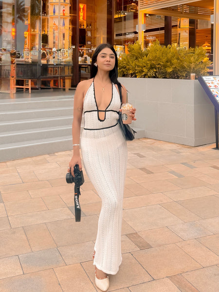 Sassa Luxe Knit Soft Dress In White - full-length front shot on model outdoors - Miss Mosa By Akanksha