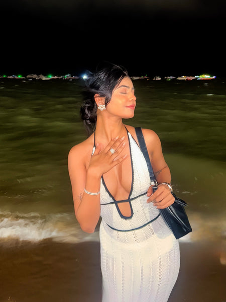 Sassa Luxe Knit Soft Dress In White - front shot on model on beach at night - Miss Mosa By Akanksha