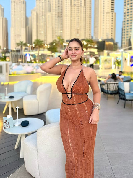 Sassa Luxe Soft Knit Dress In Brown - front shot on model - Miss Mosa By Akanksha