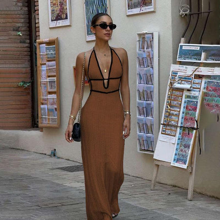 Sassa Luxe Soft Knit Dress In Brown - front shot on model - Miss Mosa By Akanksha