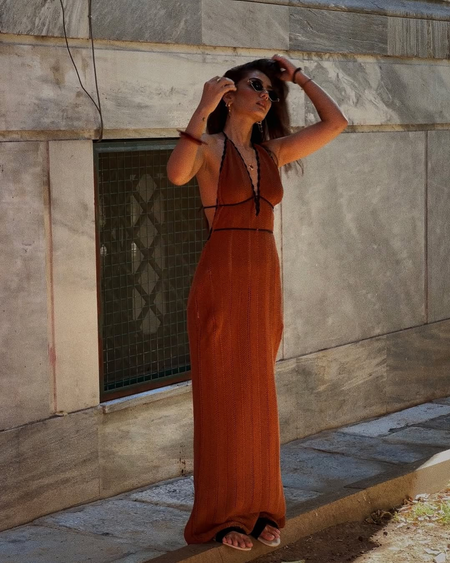 Sassa Luxe Soft Knit Dress In Brown - full-length shot on model - Miss Mosa By Akanksha