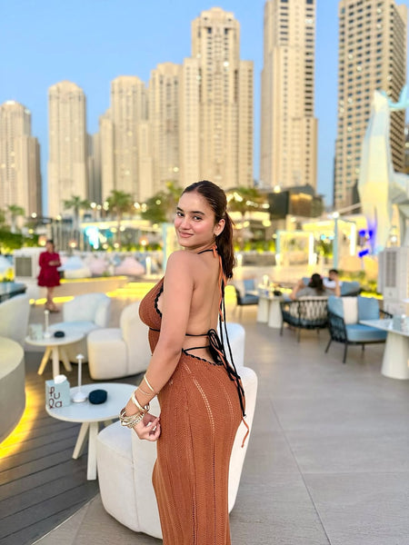 Sassa Luxe Soft Knit Dress In Brown - back shot on model - Miss Mosa By Akanksha