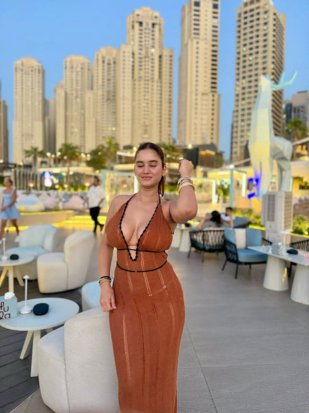 Sassa Luxe Soft Knit Dress In Brown - front shot on model - Miss Mosa By Akanksha