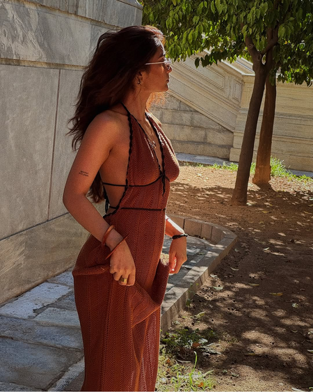 Sassa Luxe Soft Knit Dress In Brown - side shot on model - Miss Mosa By Akanksha