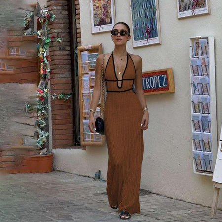 Sassa Luxe Soft Knit Dress In Brown - front shot on model - Miss Mosa By Akanksha