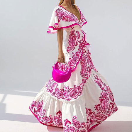 Satina Printed Ruffle Holiday Dress - front shot on model, white and pink - Miss Mosa By Akanksha