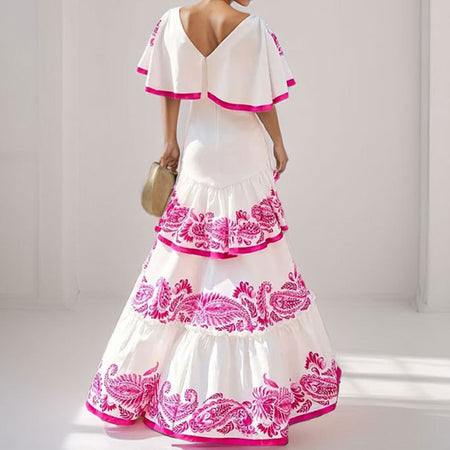 Satina Printed Ruffle Holiday Dress - back shot on model, white and pink - Miss Mosa By Akanksha