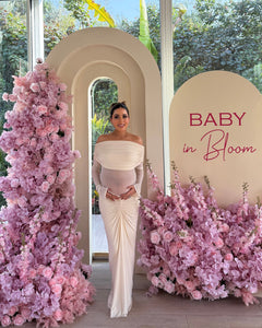 Saya Luxe Bodycon Maxi Dress - full-length front shot on model at event, cream - Miss Mosa By Akanksha