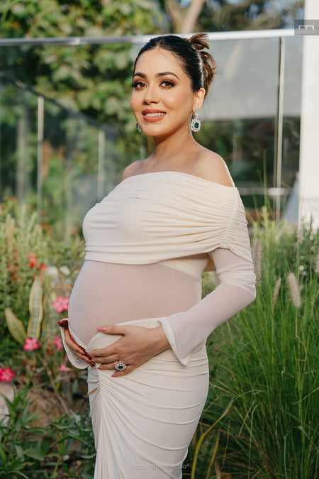 Saya Luxe Bodycon Maxi Dress - front shot on model in garden, cream - Miss Mosa By Akanksha