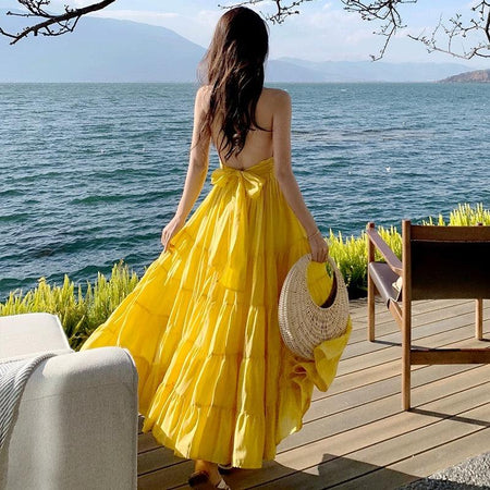 Saz Summer Maxi Dress in Yellow - back shot on model, yellow - Miss Mosa By Akanksha