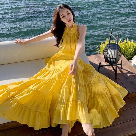 Saz Summer Maxi Dress in Yellow - front shot on model, yellow - Miss Mosa By Akanksha