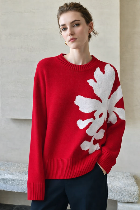 Scarlet Floral Woolen Sweater - front shot on model, red with off-white floral - Miss Mosa By Akanksha