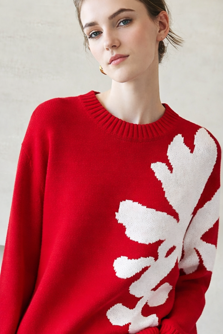 Scarlet Floral Woolen Sweater - close-up shot on model, red with off-white floral - Miss Mosa By Akanksha