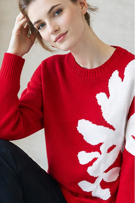Scarlet Floral Woolen Sweater - front shot on model, off-white with red floral - Miss Mosa By Akanksha