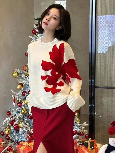 Scarlet Floral Woolen Sweater - side shot on model, off-white with red floral - Miss Mosa By Akanksha