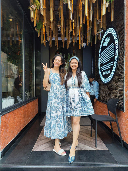 Scole Statement Dress In Blue - lifestyle shot on model, blue - Miss Mosa By Akanksha