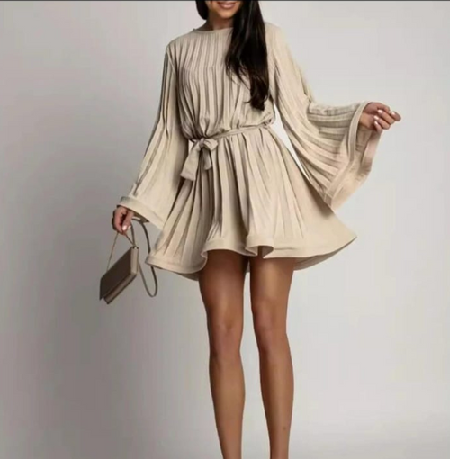 Cathy Pleated Summer Dress In Beige