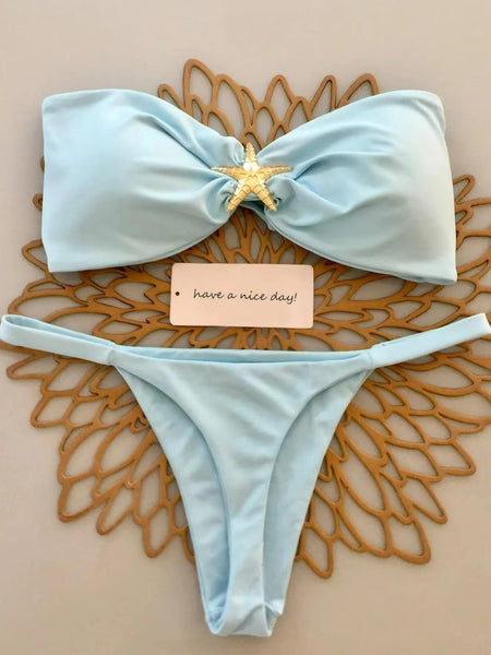 Sea Summer Bikini In Light Blue - flat-lay product shot of bikini set with tag - Miss Mosa By Akanksha