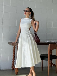 Selma A Line Midi Dress in White - front shot on model, white - Miss Mosa By Akanksha