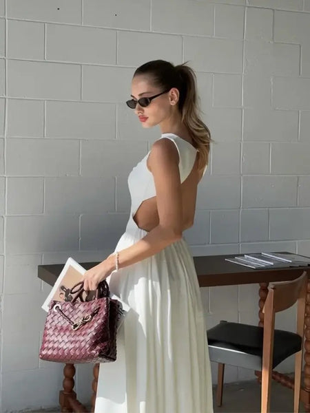 Selma A Line Midi Dress in White - side shot on model, white - Miss Mosa By Akanksha