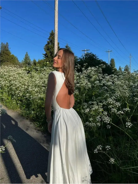Selma A Line Midi Dress in White - back shot on model, white - Miss Mosa By Akanksha