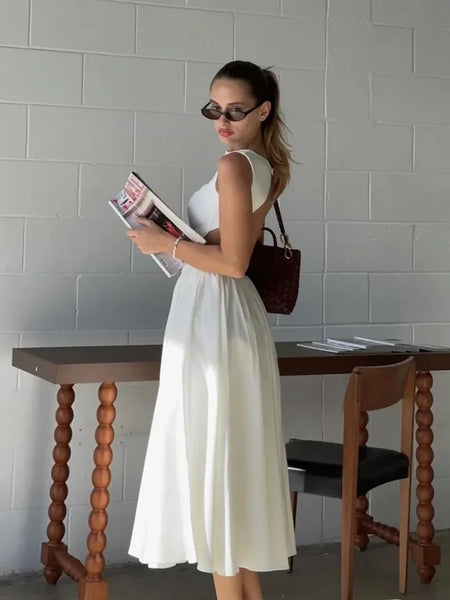 Selma A Line Midi Dress in White - side shot on model, white - Miss Mosa By Akanksha