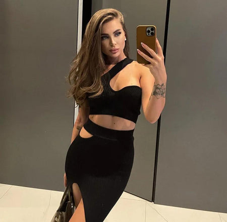 Semantia Statement Summer Coord Set In Black - front shot on model mirror selfie - Miss Mosa By Akanksha