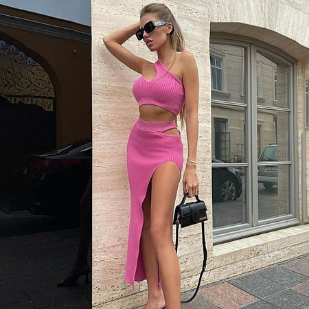 Semantia Statement Summer Coord Set In Pink - side full-length shot on model - Miss Mosa By Akanksha