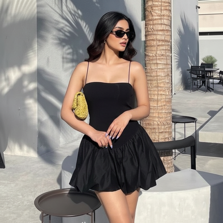 Semena Statement Balloon Dress In Black - front shot on model - Miss Mosa By Akanksha
