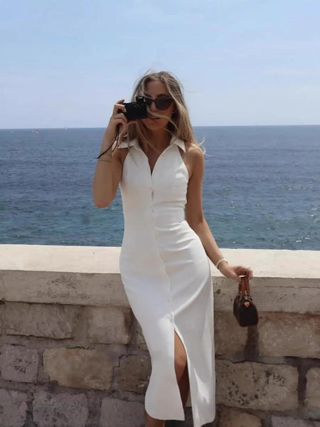 Semi Statement Summer Dress In White - front shot on model taking photo - Miss Mosa By Akanksha