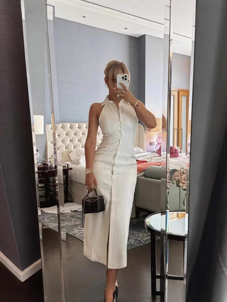 Semi Statement Summer Dress In White - mirror selfie shot on model - Miss Mosa By Akanksha