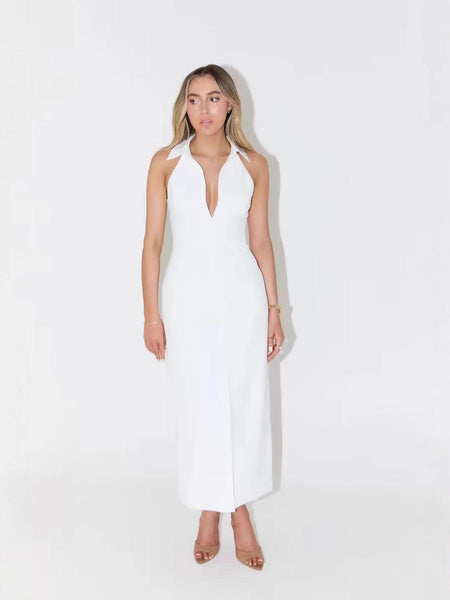 Semi Statement Summer Dress In White - full-length front shot on model on plain background - Miss Mosa By Akanksha