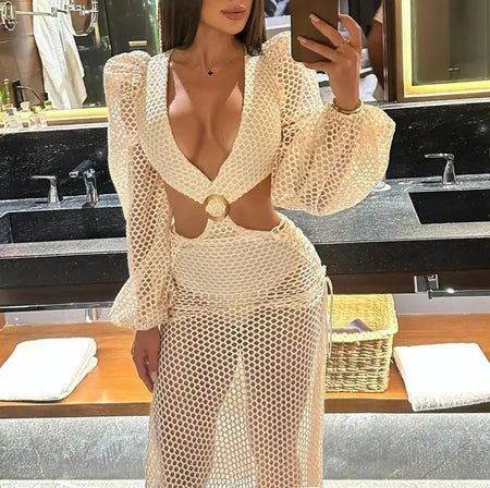 Sena Swimsuit With Skirt In Beige - front shot on model mirror selfie - Miss Mosa By Akanksha
