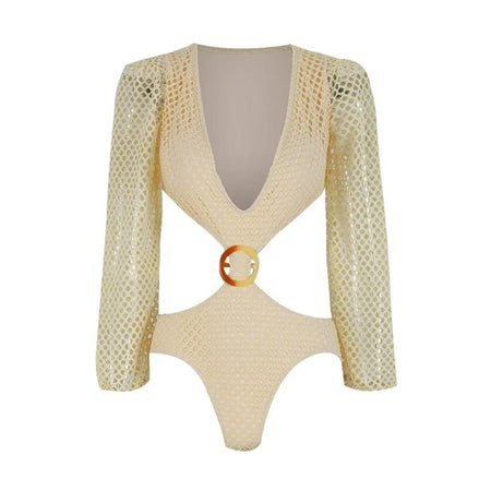 Sena Swimsuit With Skirt In Beige - flat-lay front product shot of swimsuit - Miss Mosa By Akanksha