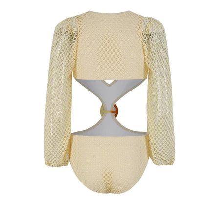 Sena Swimsuit With Skirt In Beige - flat-lay back product shot of swimsuit - Miss Mosa By Akanksha