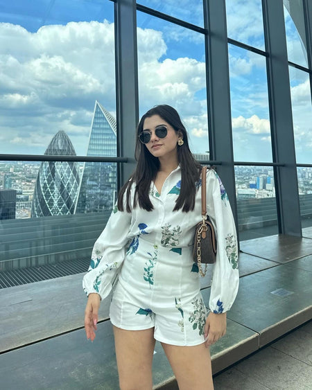 Senate Luxury Coord Set In White - lifestyle shot on model, white floral - Miss Mosa By Akanksha