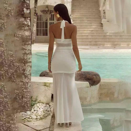 Senna Bodycon Slit Maxi Dress In White - front shot on model by pool - Miss Mosa By Akanksha