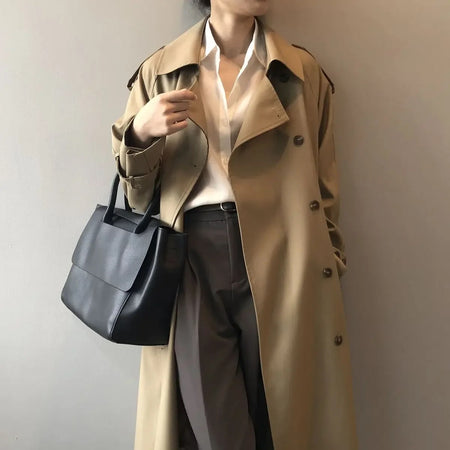 Seoul Statement Trenchcoat - front shot on model, khaki - Miss Mosa By Akanksha