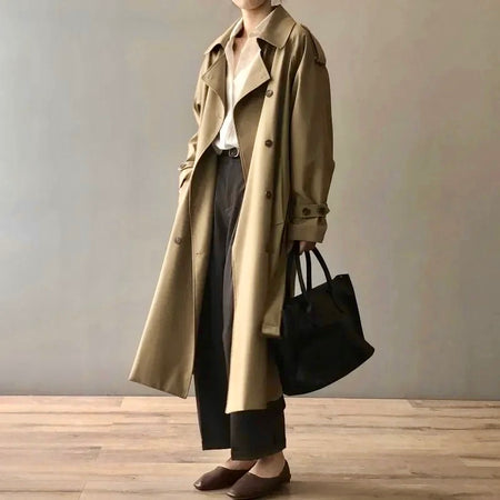 Seoul Statement Trenchcoat - full-length shot on model, khaki - Miss Mosa By Akanksha